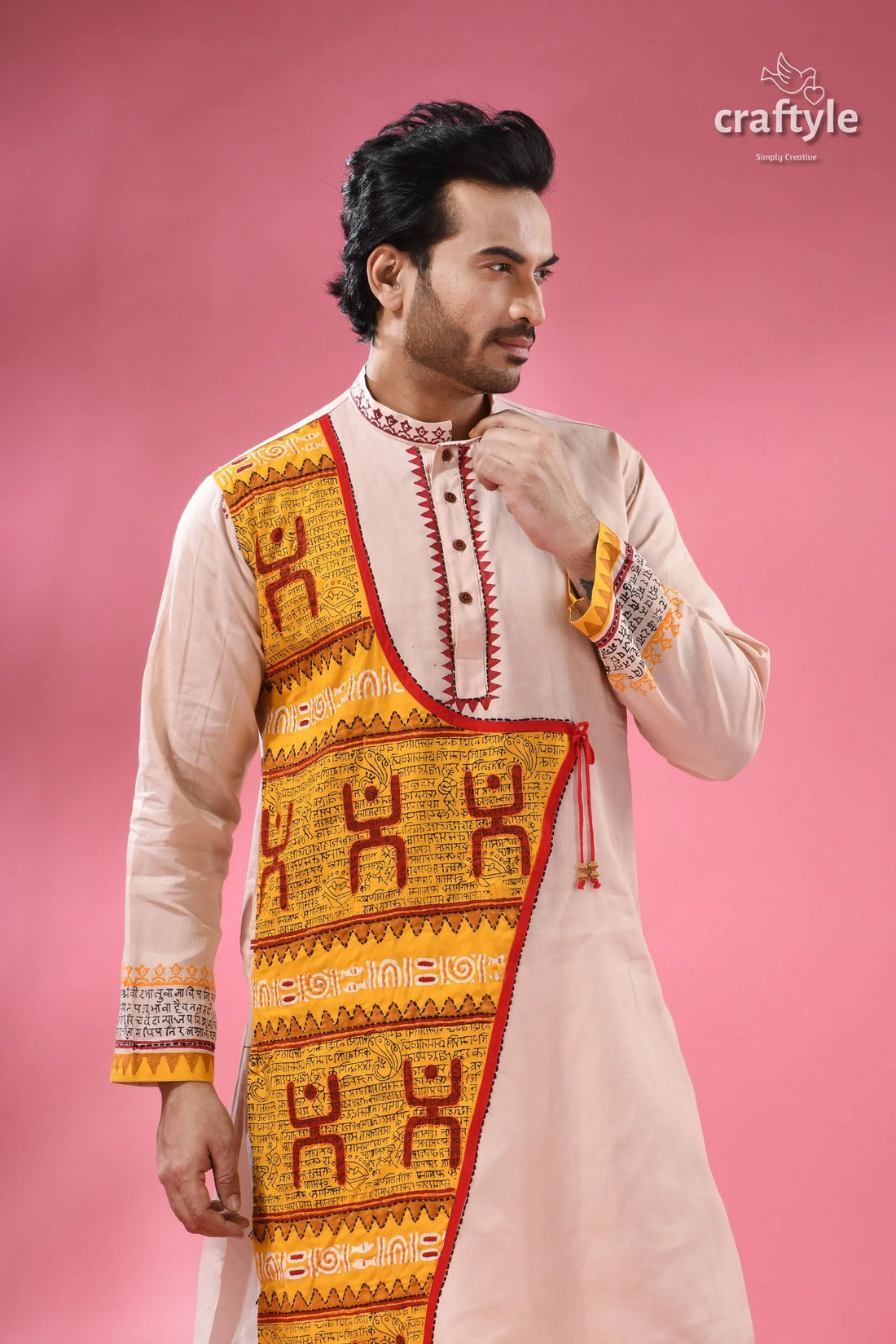 Men’s cotton punjabi with hand block print & patchwork beige long-sleeved kurta yellow 2