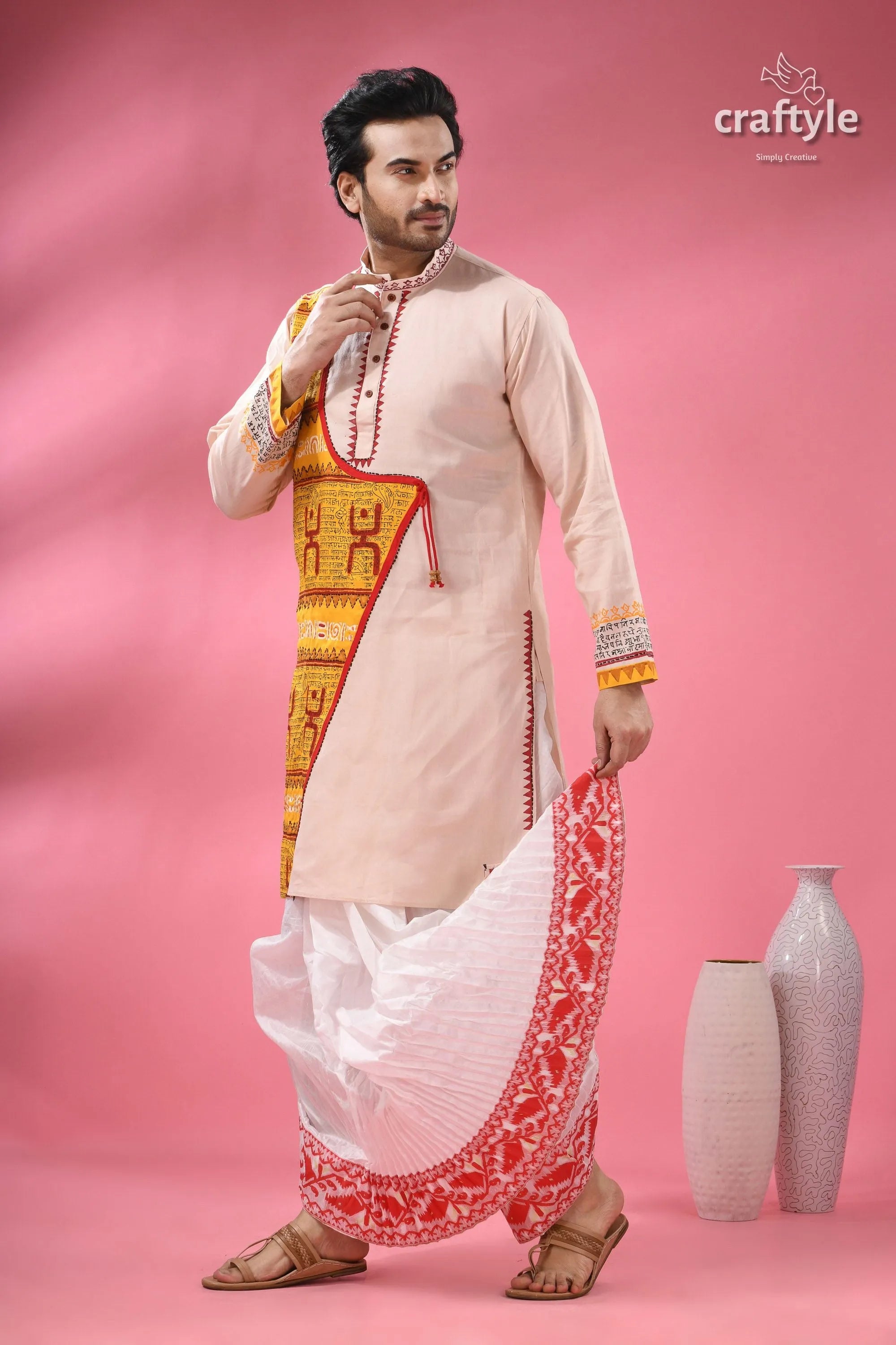 Men’s cotton punjabi with hand block print & patchwork light-colored ethnic wear red 6