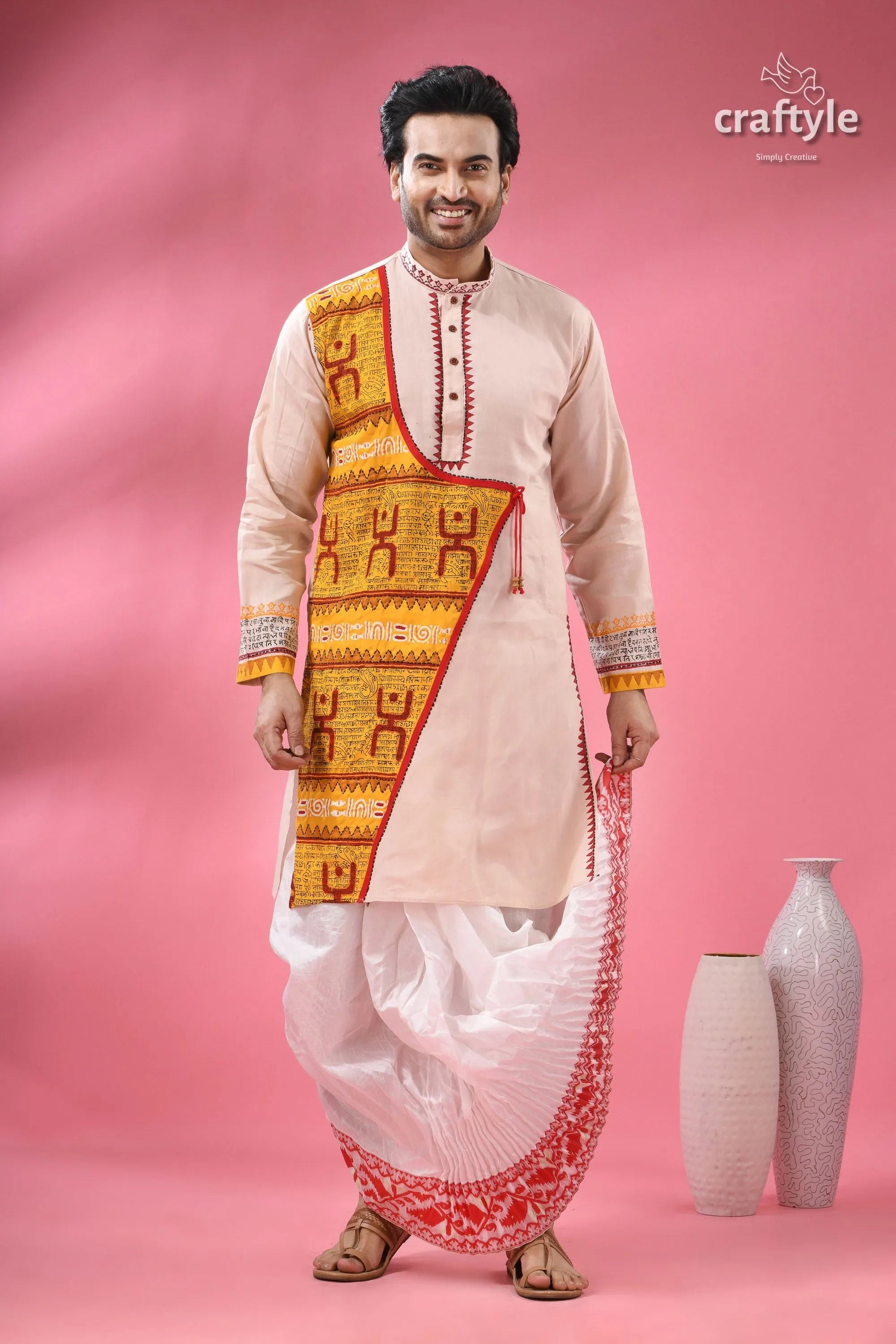 Men’s cotton punjabi with hand block print & patchwork traditional cream-colored kurta yellow 4