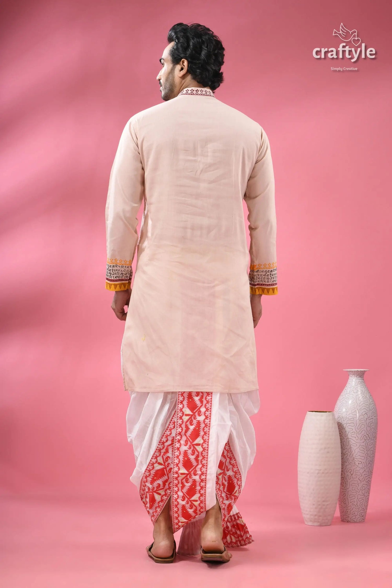 Men’s cotton punjabi with hand block print & patchwork man beige kurta embroidered cuffs 7