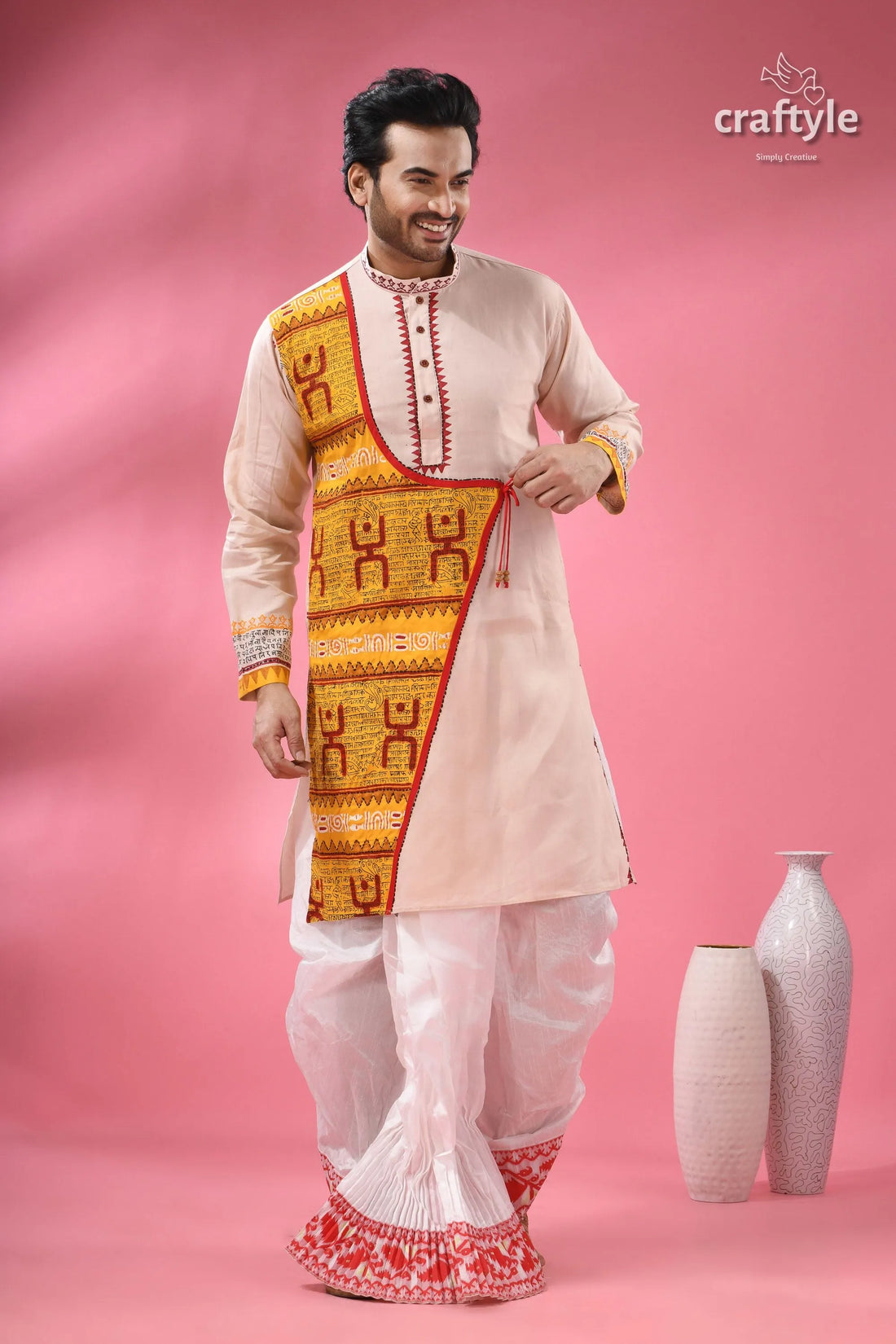 Men’s cotton punjabi with hand block print & patchwork cream-colored kurta yellow red 1