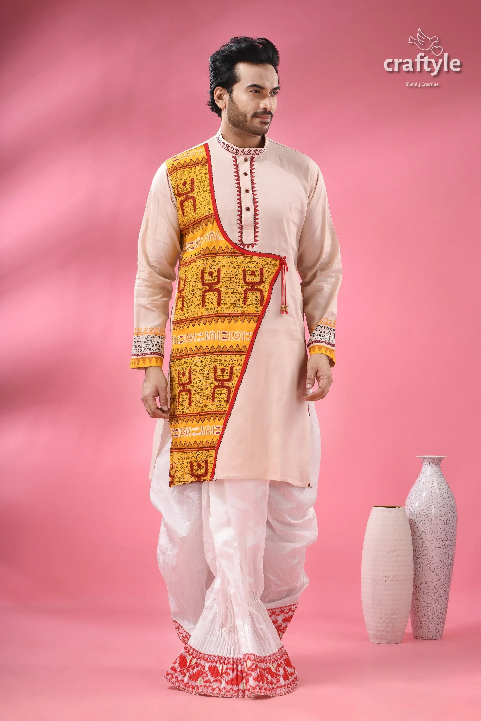 Men’s cotton punjabi with hand block print & patchwork beige kurta embroidered yellow 5