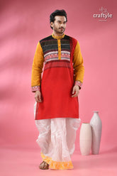 Men’s designer cotton punjabi handcrafted indian festive wear men’s red yellow patterned kurta 1