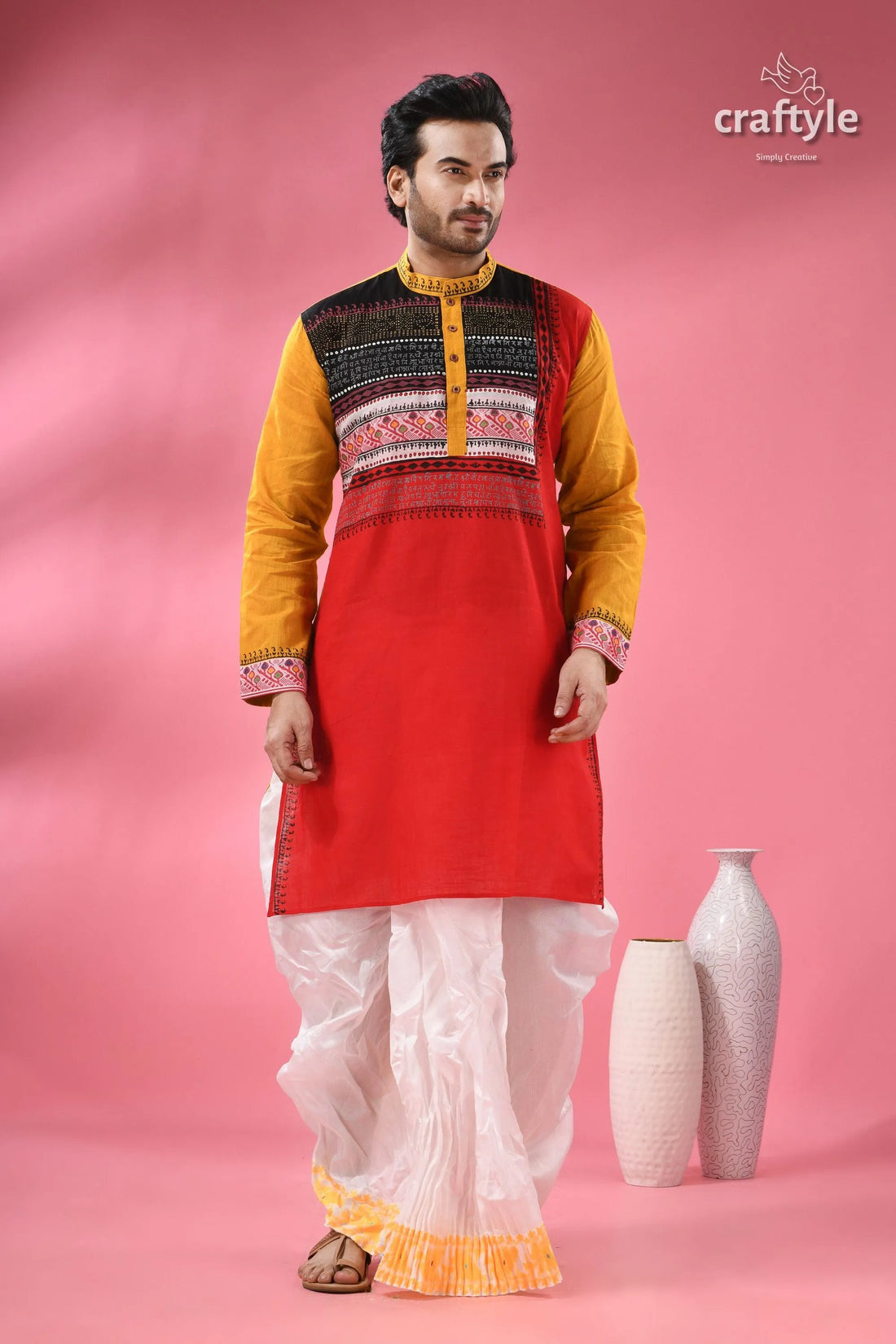 Men’s designer cotton punjabi - handcrafted indian festive wear red yellow patterned kurta 1
