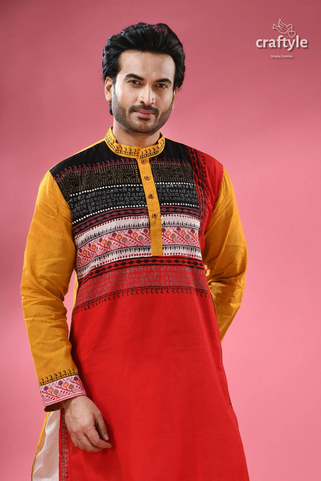 Men’s designer cotton punjabi - handcrafted indian festive wear long-sleeved red yellow patterned 2