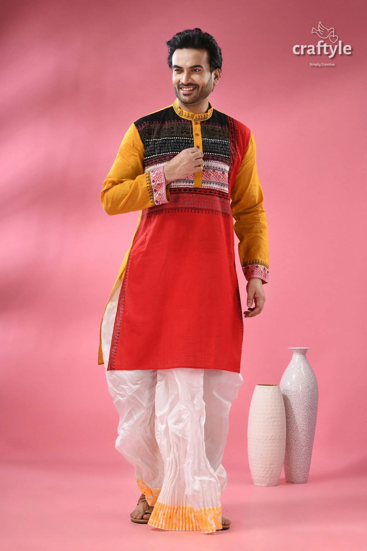 Men’s designer cotton punjabi - handcrafted indian festive wear man’s red yellow kurta black 3