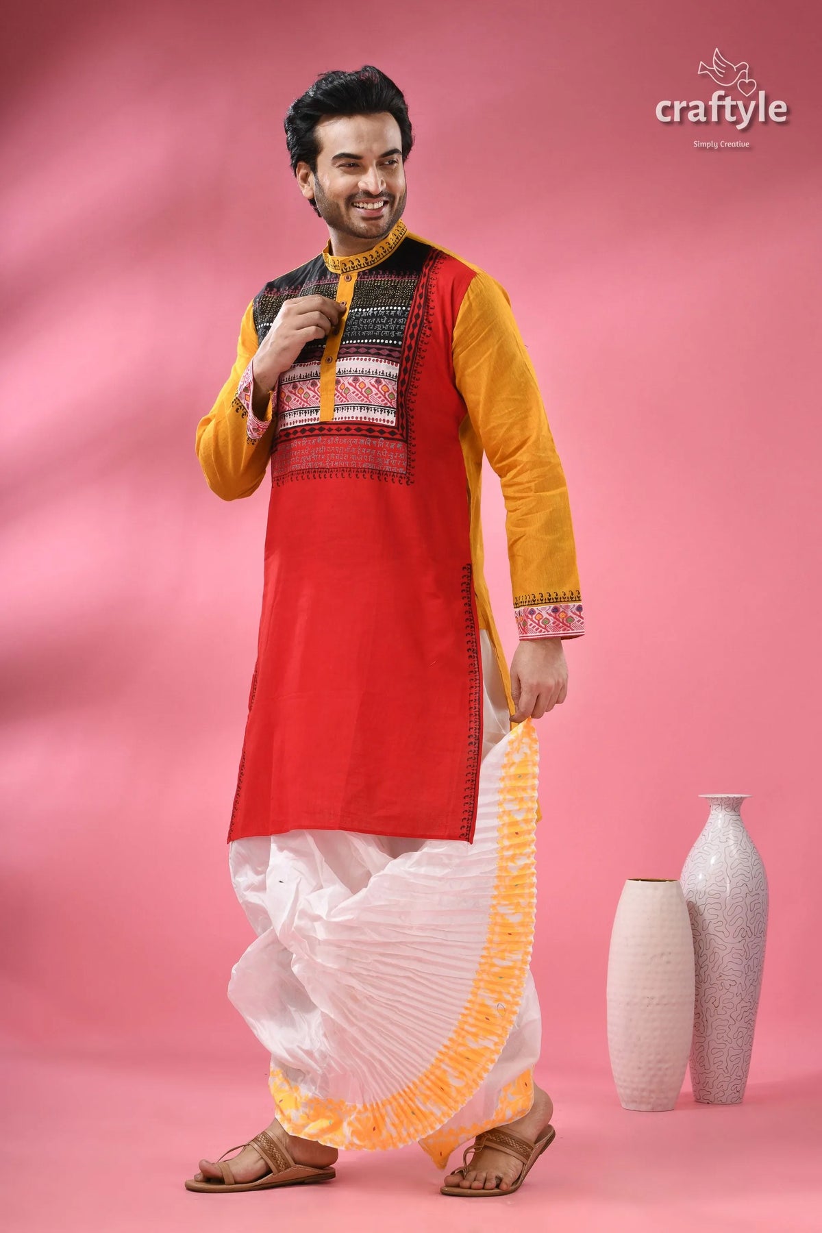 Men’s designer cotton punjabi - handcrafted indian festive wear red yellow patterned kurta 6