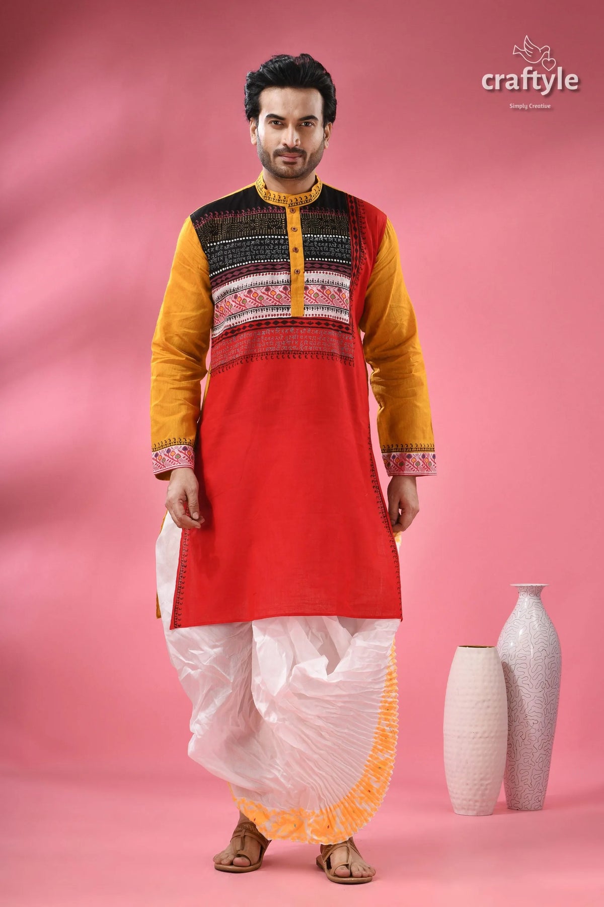 Men’s designer cotton punjabi - handcrafted indian festive wear red yellow patterned kurta 5