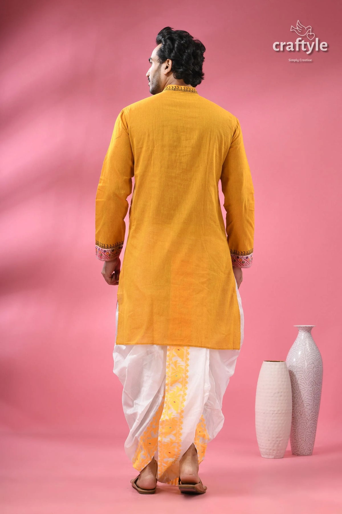 Men’s designer cotton punjabi - handcrafted indian festive wear man’s traditional outfit yellow 7