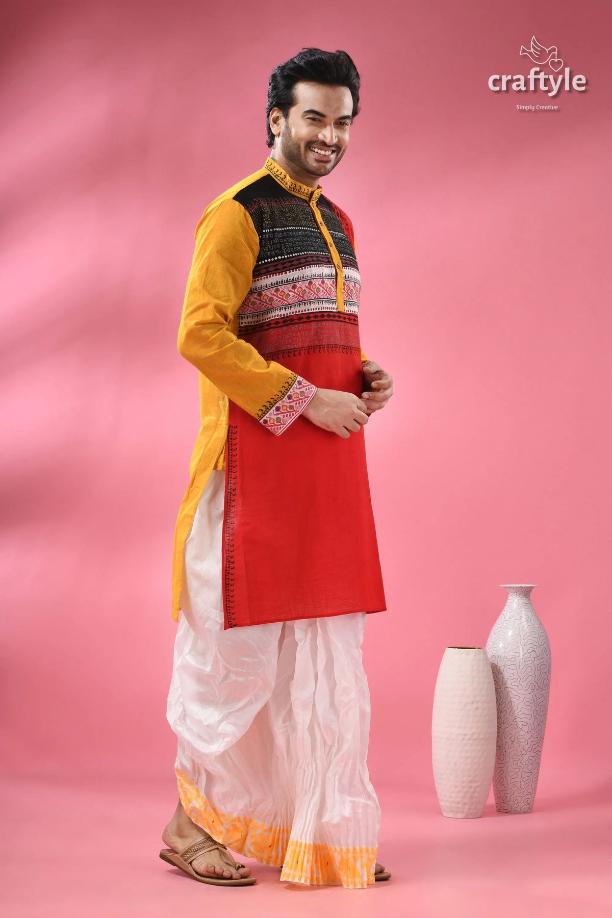 Men’s designer cotton punjabi - handcrafted indian festive wear man’s red yellow patterned kurta 4