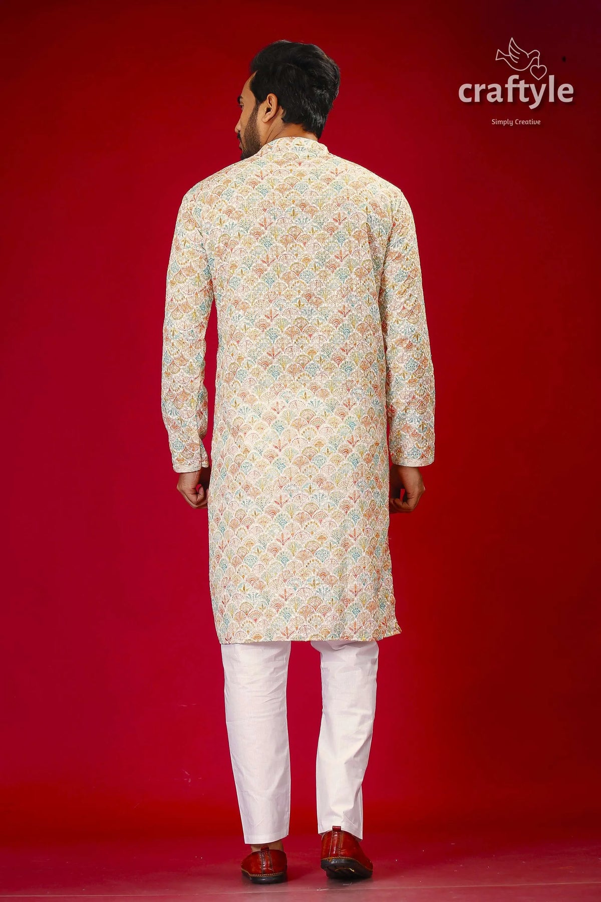 Mens embroidered kurta with multicolor sequin embellishments man patterned white pants 5