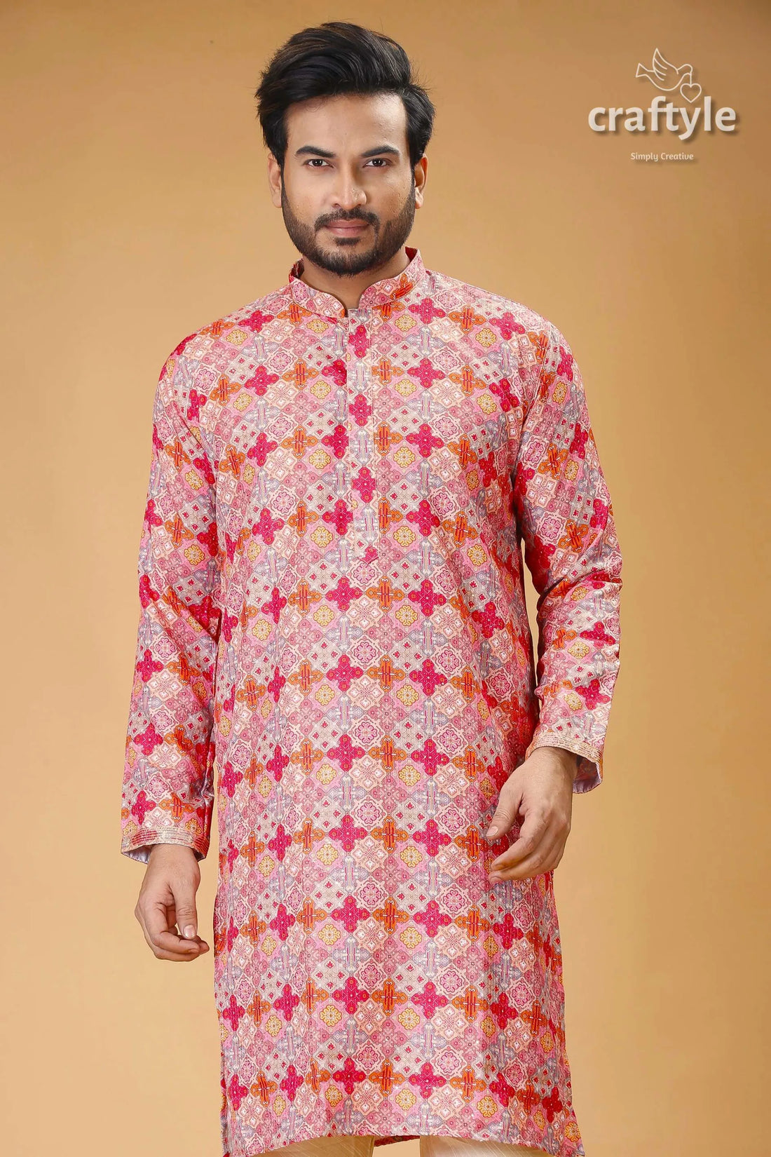 Mens embroidered kurta with multicolor sequin embellishments man’s pink patterned 2