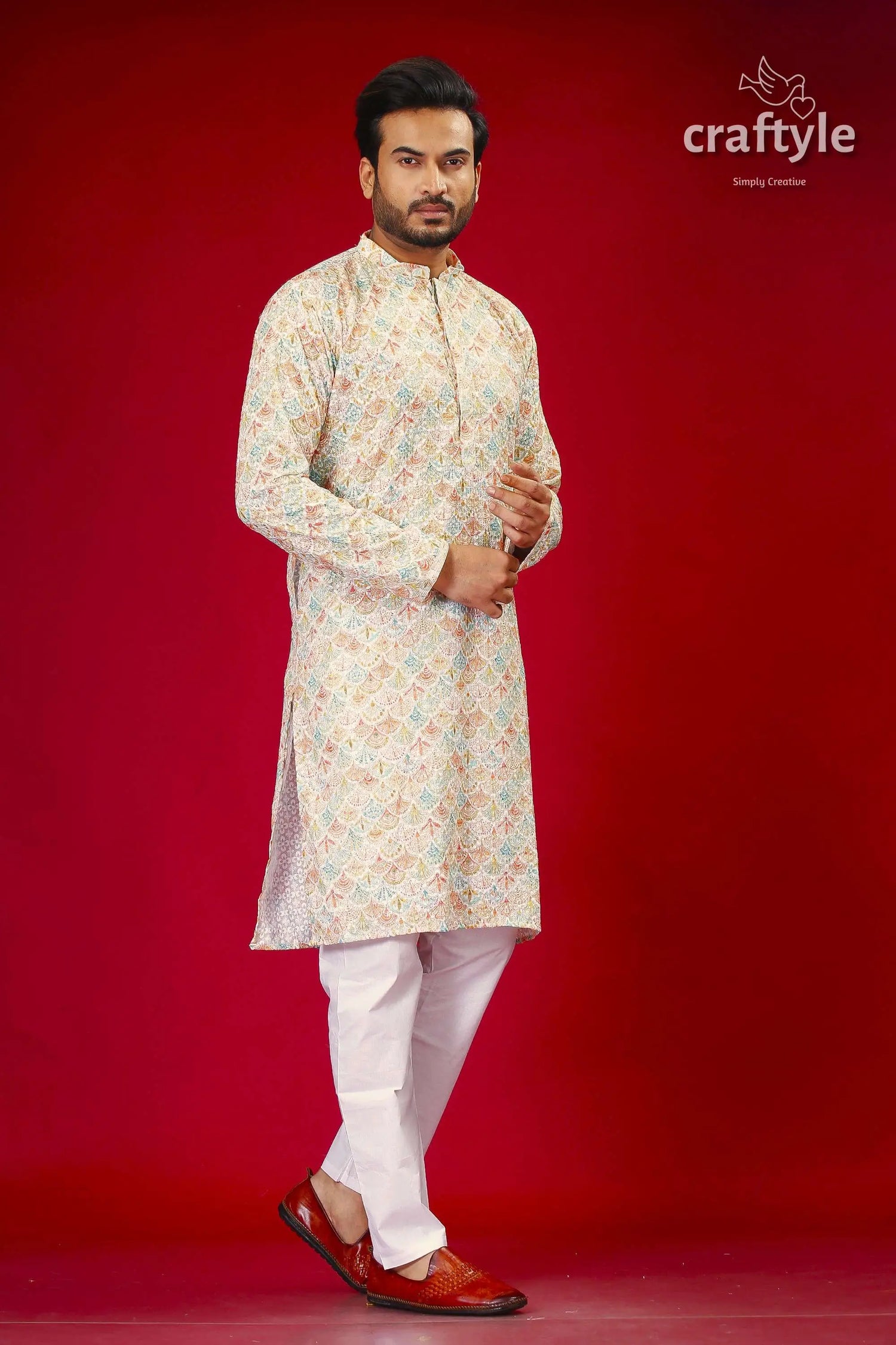 Mens embroidered kurta with multicolor sequin embellishments man patterned kurta white pants 3