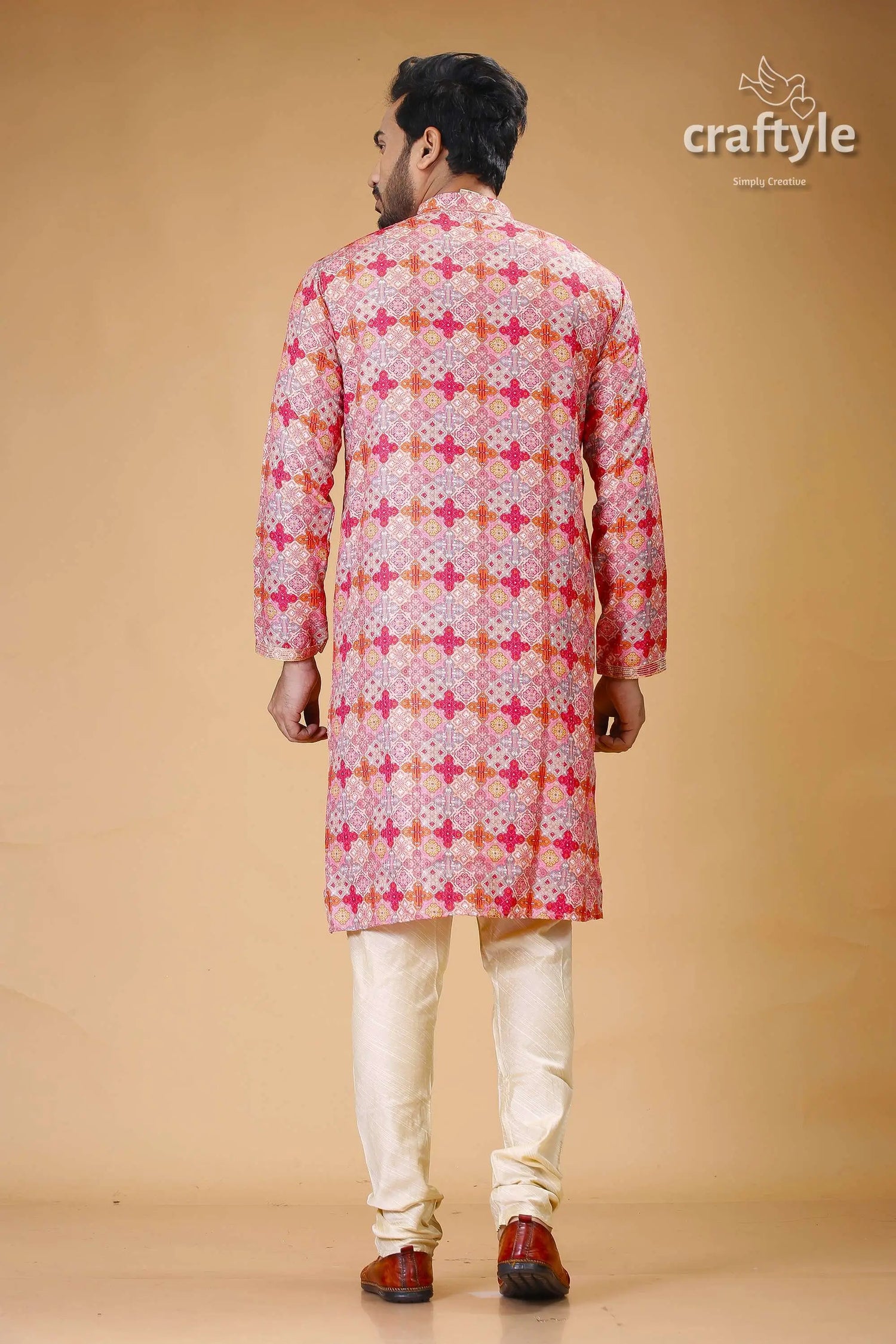 Mens embroidered kurta with multicolor sequin embellishments man pink patterned kurta cream 5
