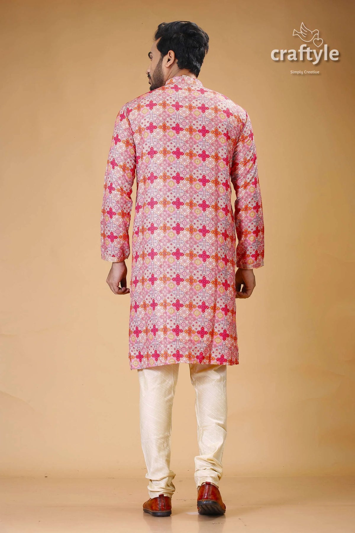Mens embroidered kurta with multicolor sequin embellishments man pink patterned cream 5