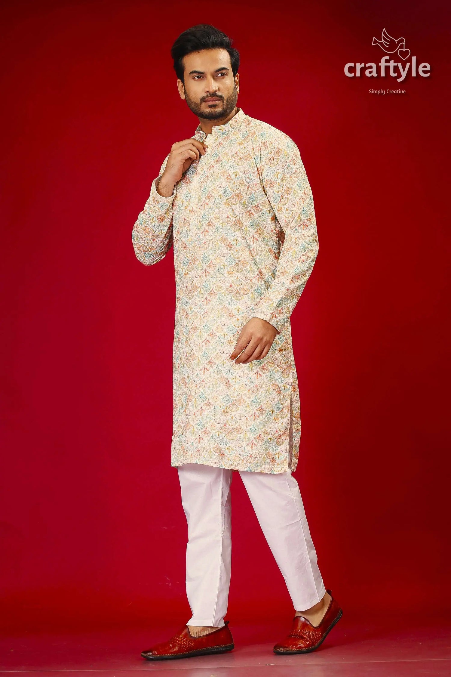 Mens embroidered kurta with multicolor sequin embellishments man patterned kurta white pants 4