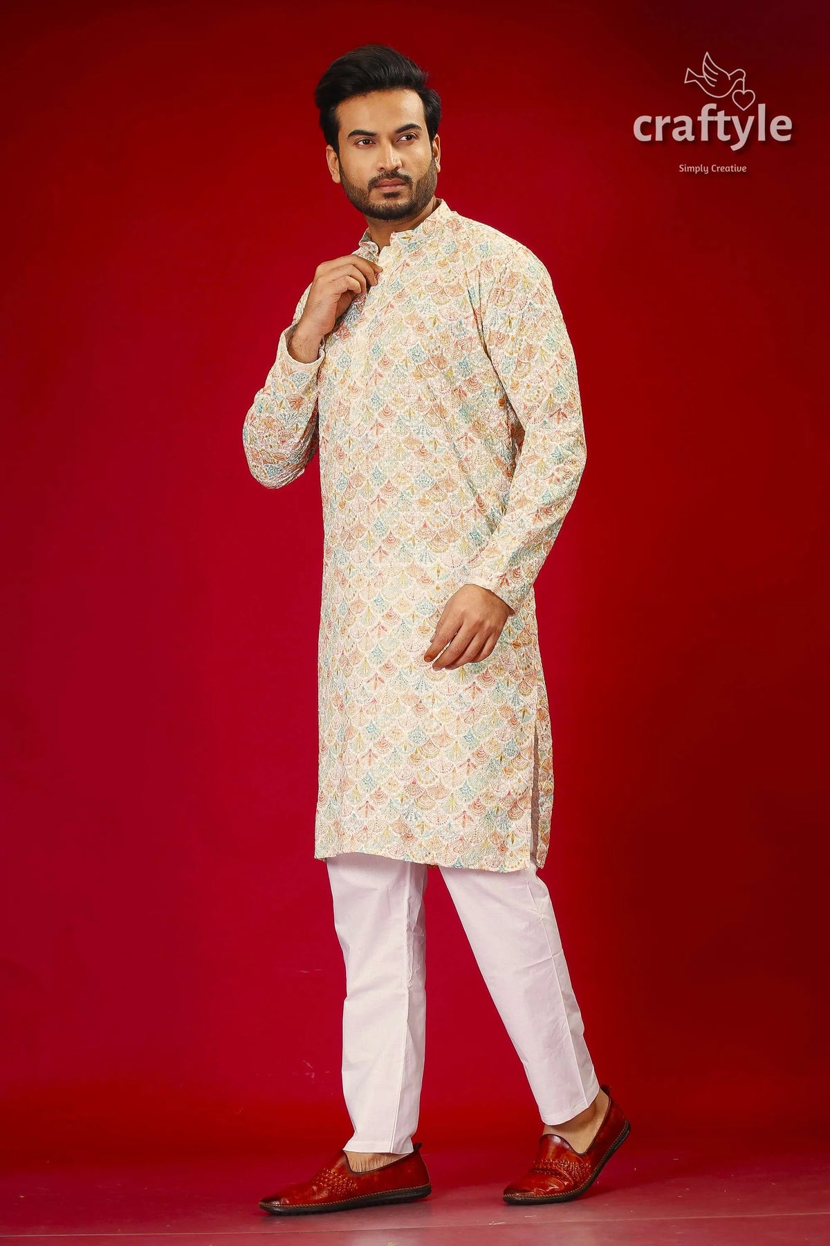 Mens embroidered kurta with multicolor sequin embellishments man patterned white pants 4