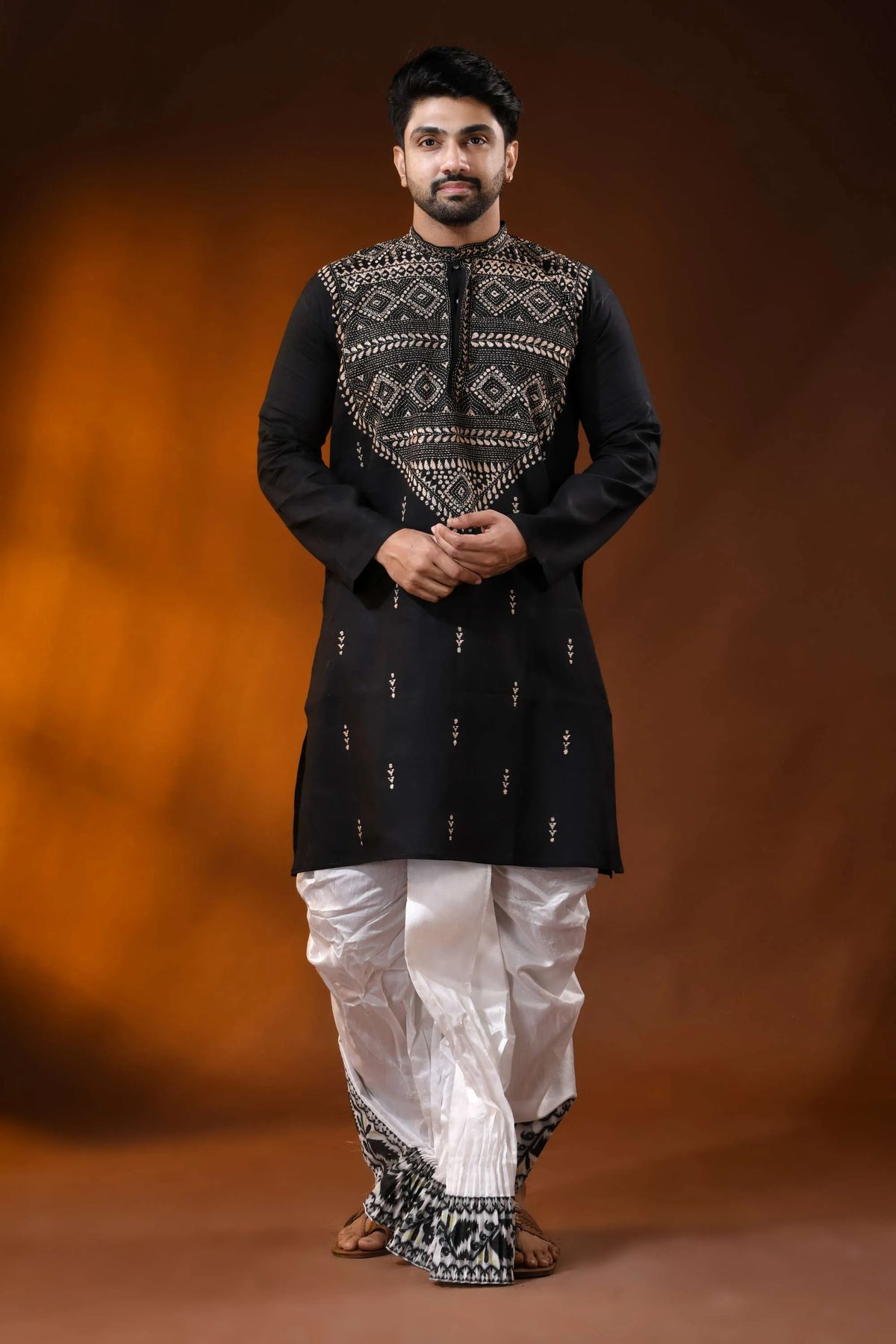 Men’s onyx black cotton kantha work panjabi beige geometric design 7