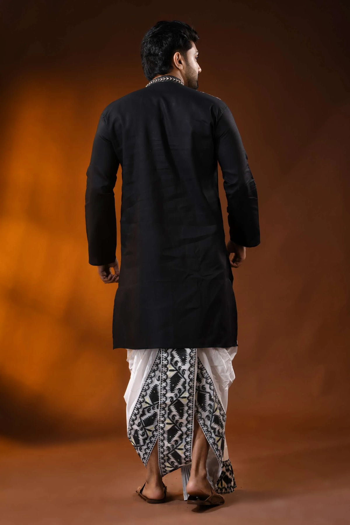 Men’s onyx black cotton kantha work panjabi beige geometric design 5