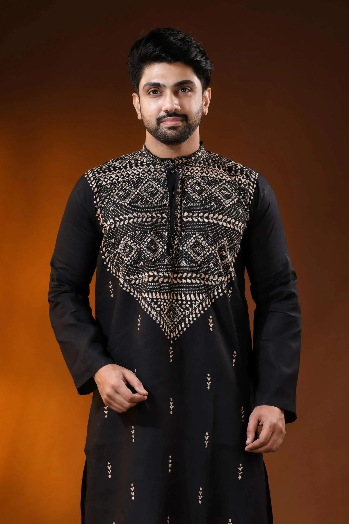 Men’s onyx black cotton kantha work panjabi beige geometric design 2