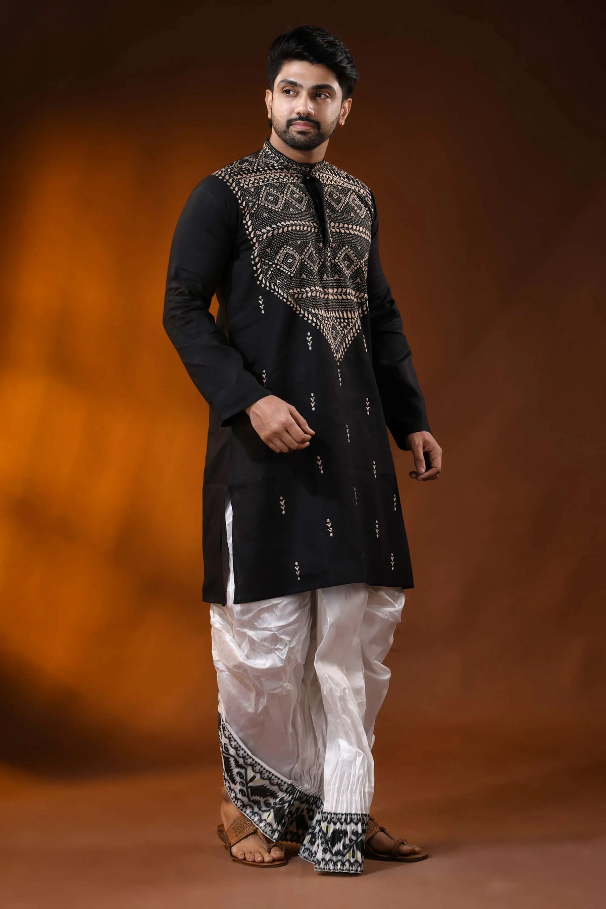 Men’s onyx black cotton kantha work panjabi beige geometric design 4