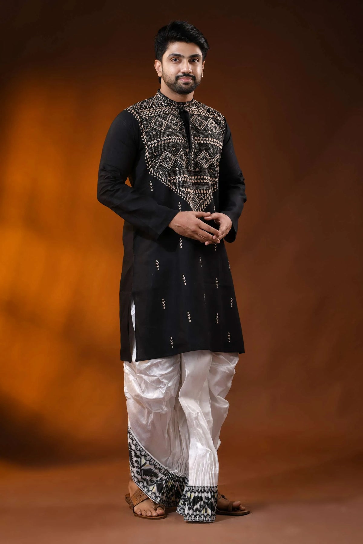 Men’s onyx black cotton kantha work panjabi beige geometric design 6