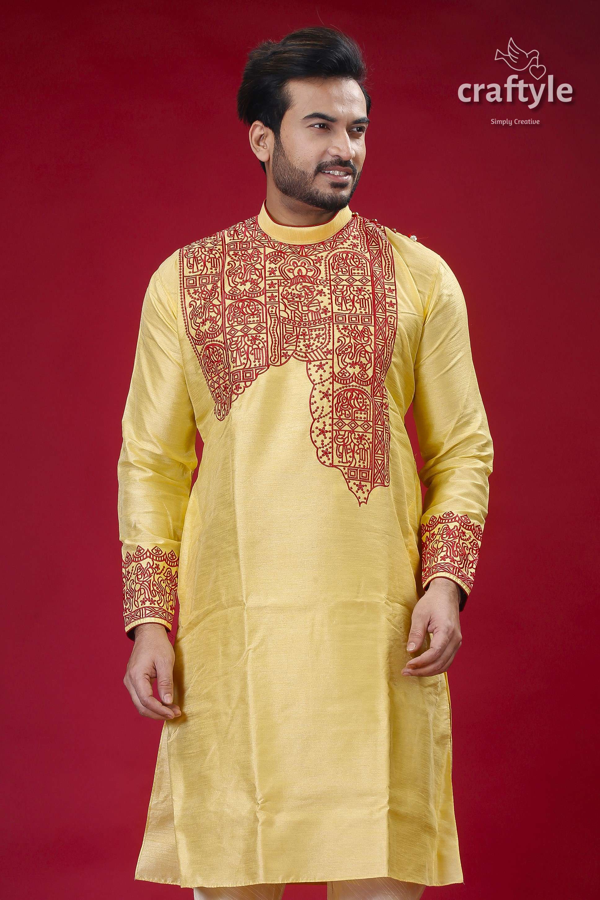 Mens Silk Kurta in Pastel Yellow and Maroon with Elegant Embroidery - Craftyle