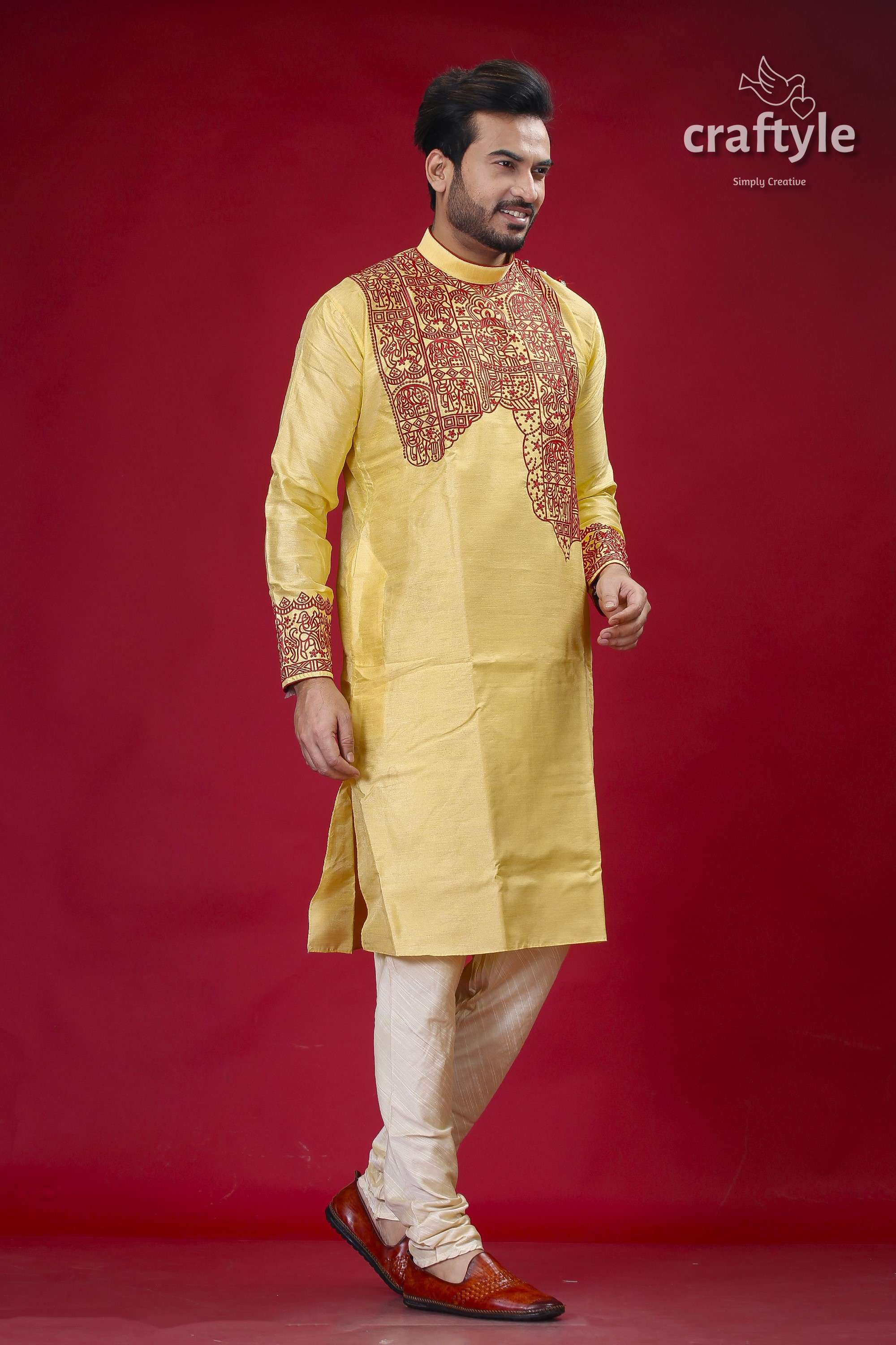 Mens Silk Kurta in Pastel Yellow and Maroon with Elegant Embroidery - Craftyle
