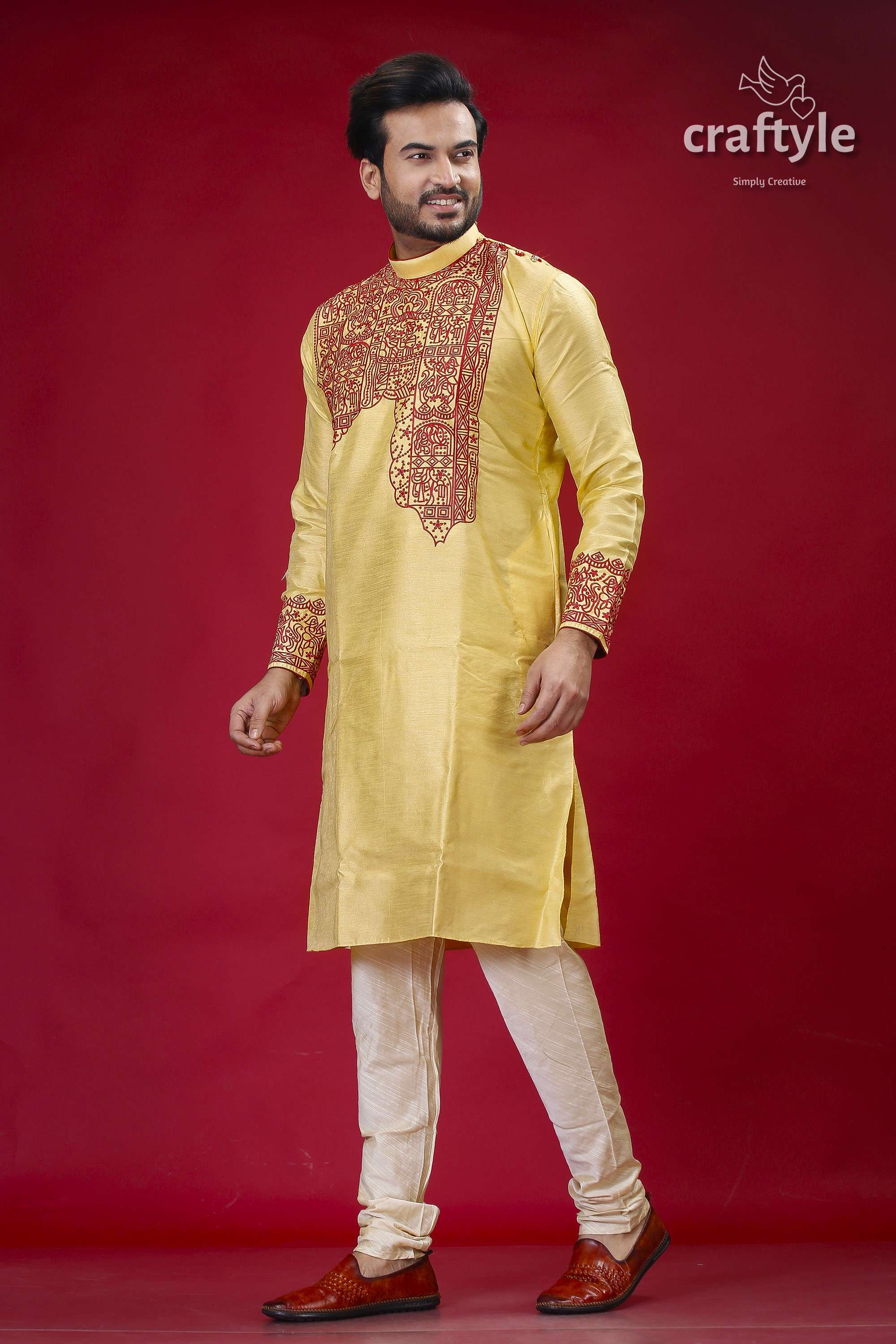 Mens Silk Kurta in Pastel Yellow and Maroon with Elegant Embroidery - Craftyle