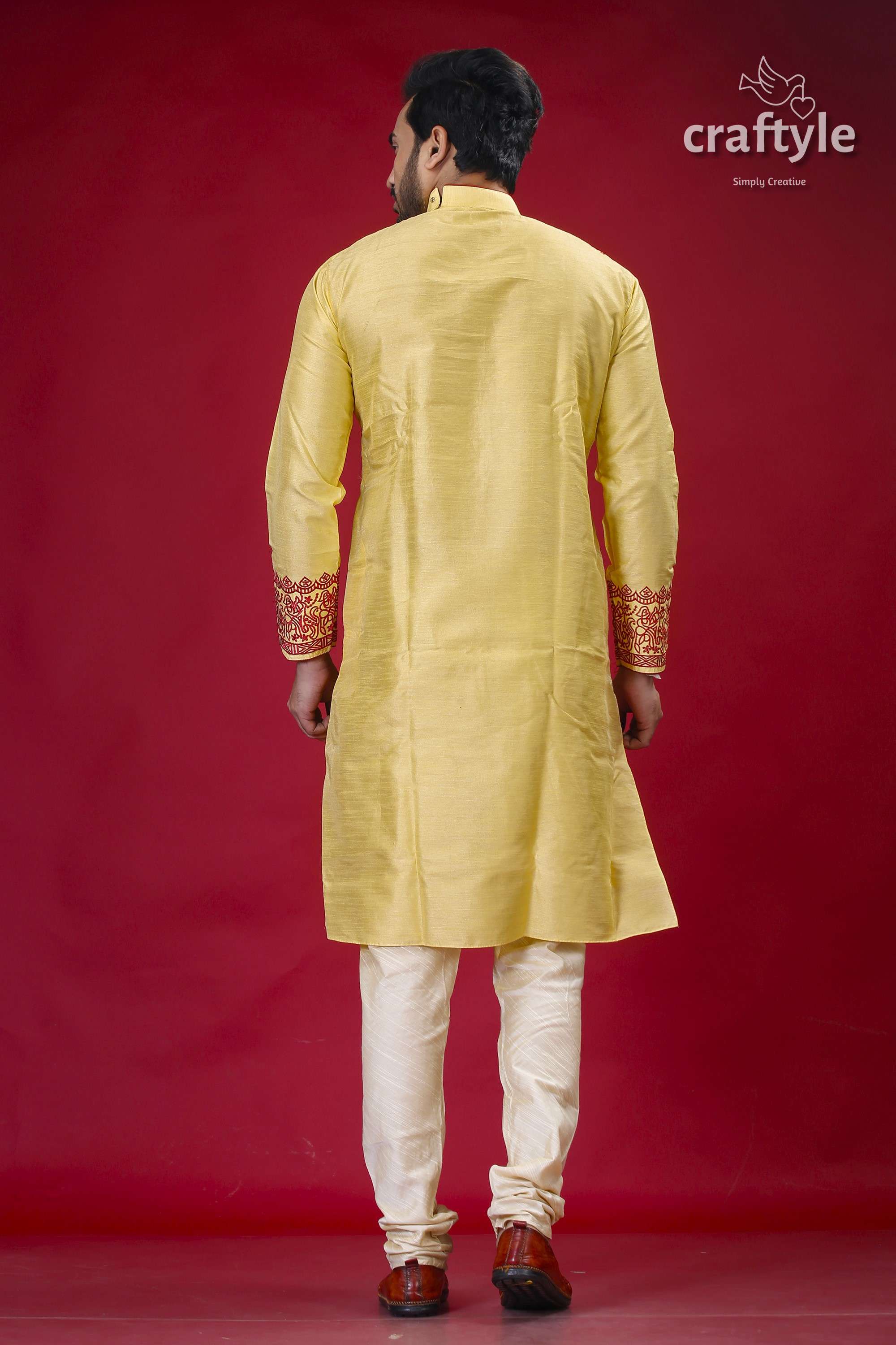 Mens Silk Kurta in Pastel Yellow and Maroon with Elegant Embroidery - Craftyle