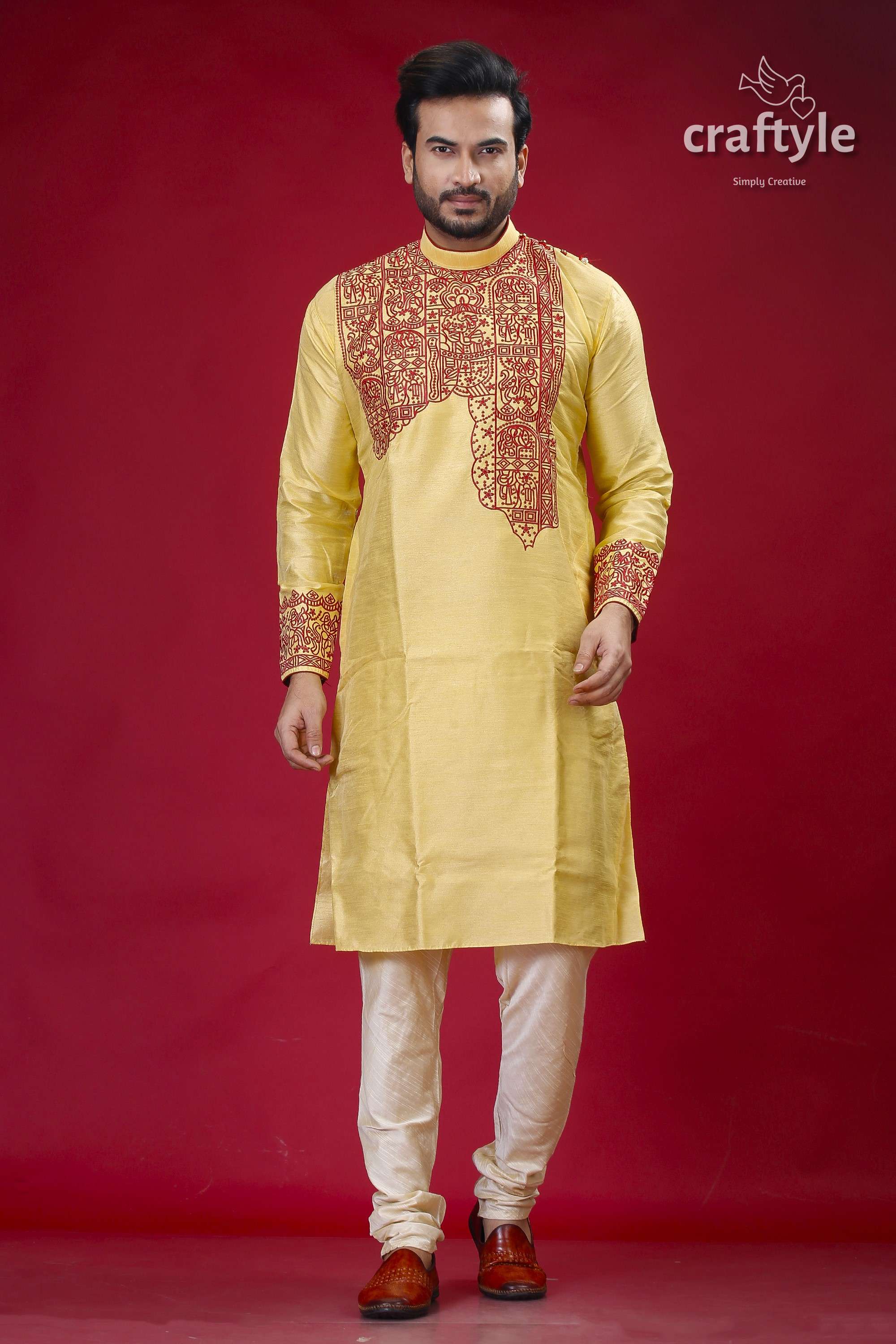 Mens Silk Kurta in Pastel Yellow and Maroon with Elegant Embroidery - Craftyle