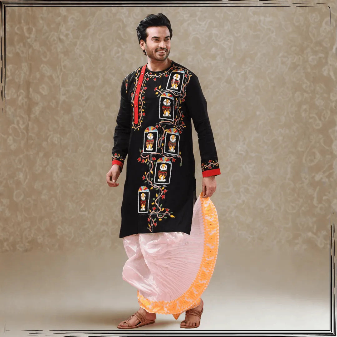 Black embroidered kurta with pink and yellow dhoti pants, cotton material