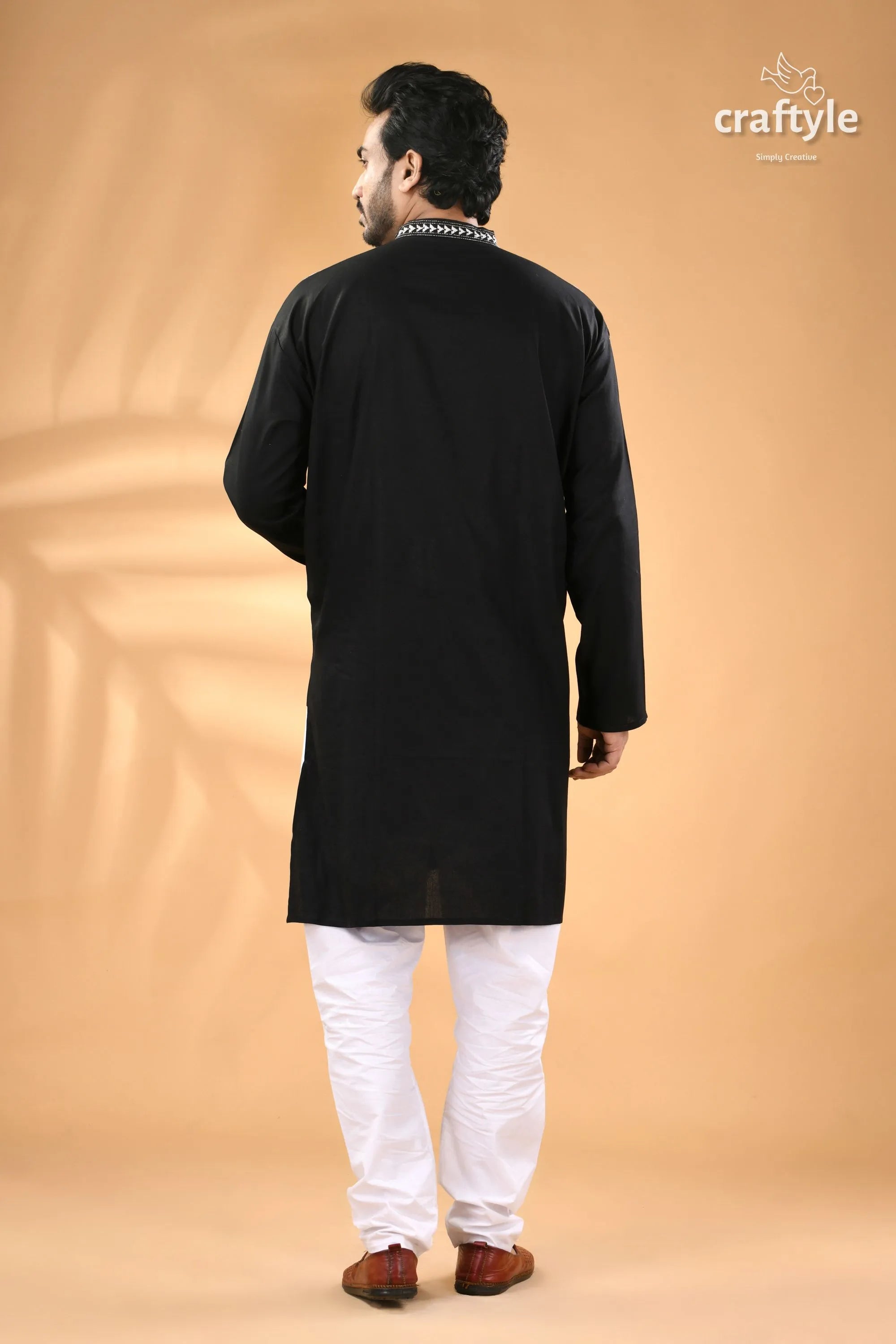 Metal black and white kantha work cotton ethnic punjabi for men men’s embroidered kurta 6