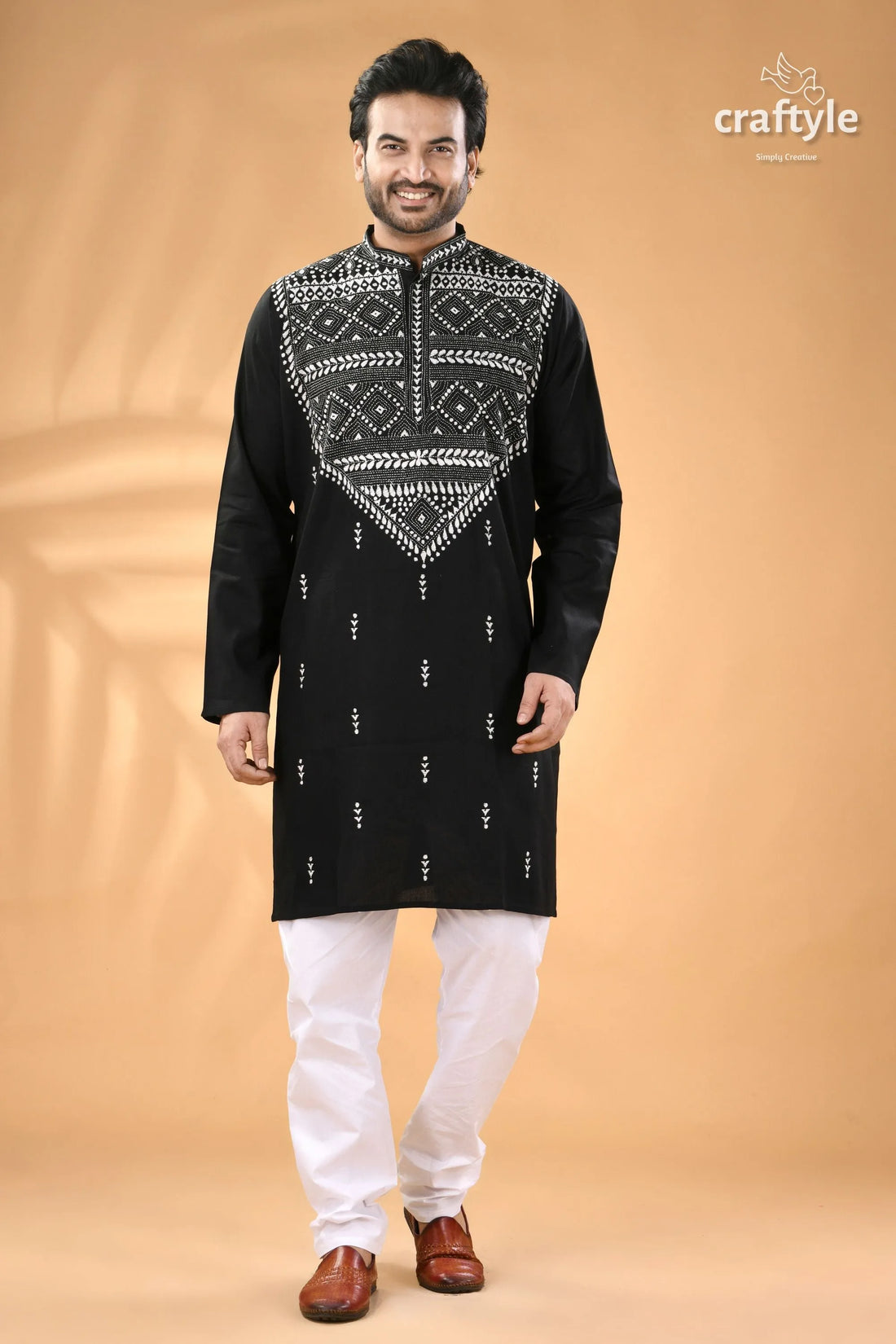 Metal black and white kantha work cotton ethnic punjabi for men men’s embroidered kurta 1