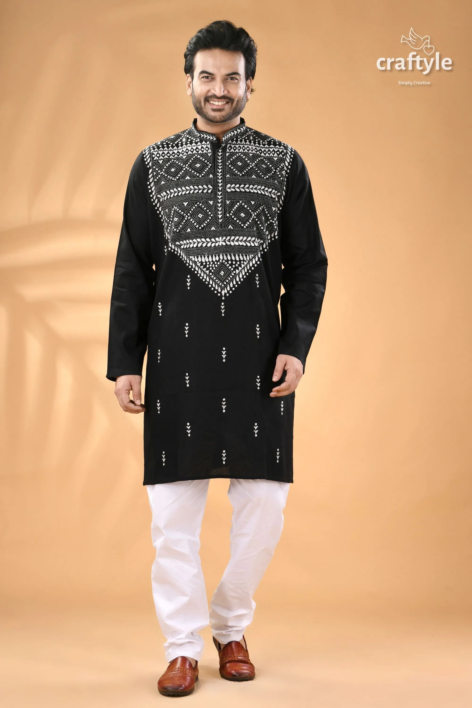 Metal black and white kantha work cotton ethnic punjabi for men men’s embroidered kurta 1
