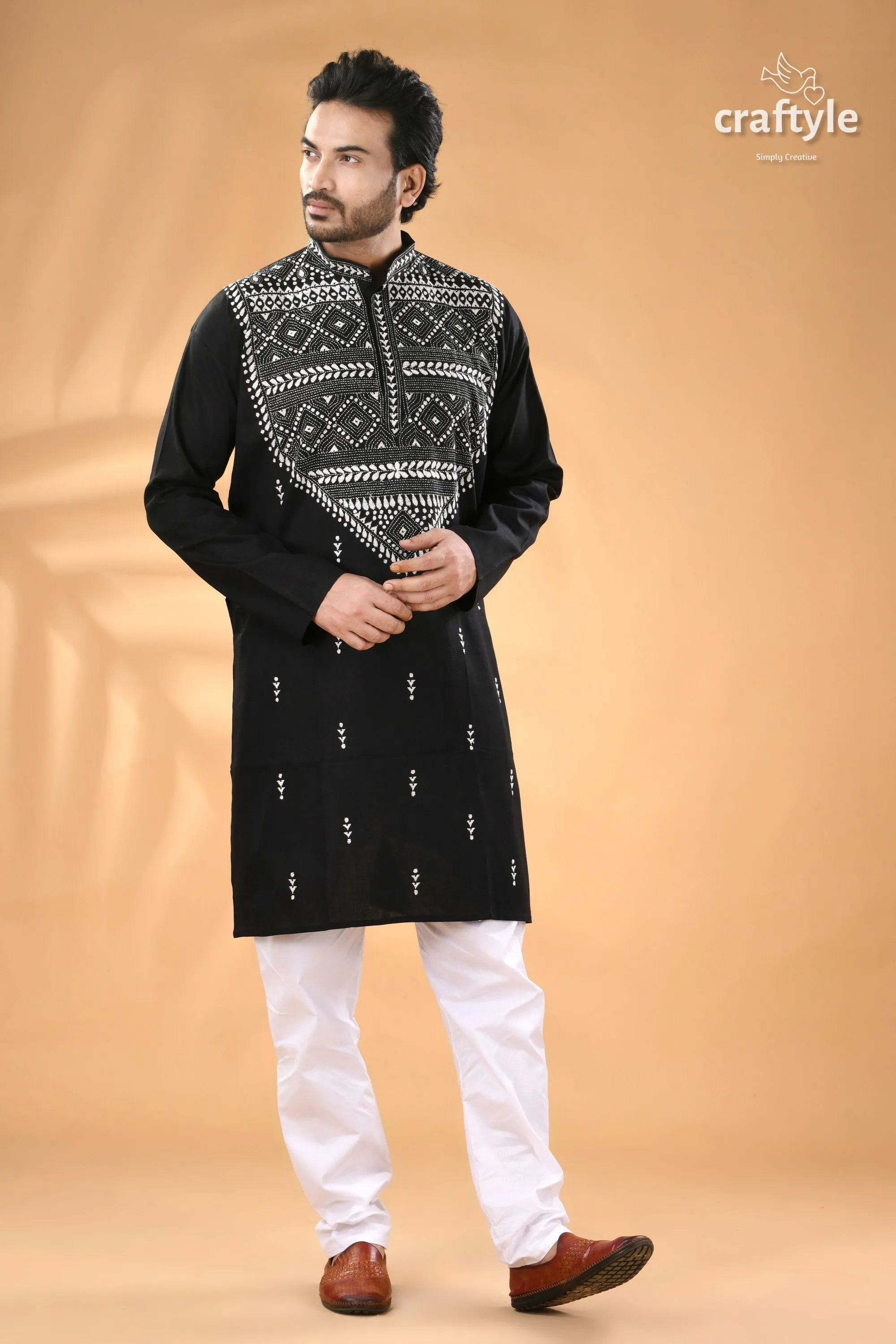 Metal black and white kantha work cotton ethnic punjabi for men men’s embroidered kurta 3