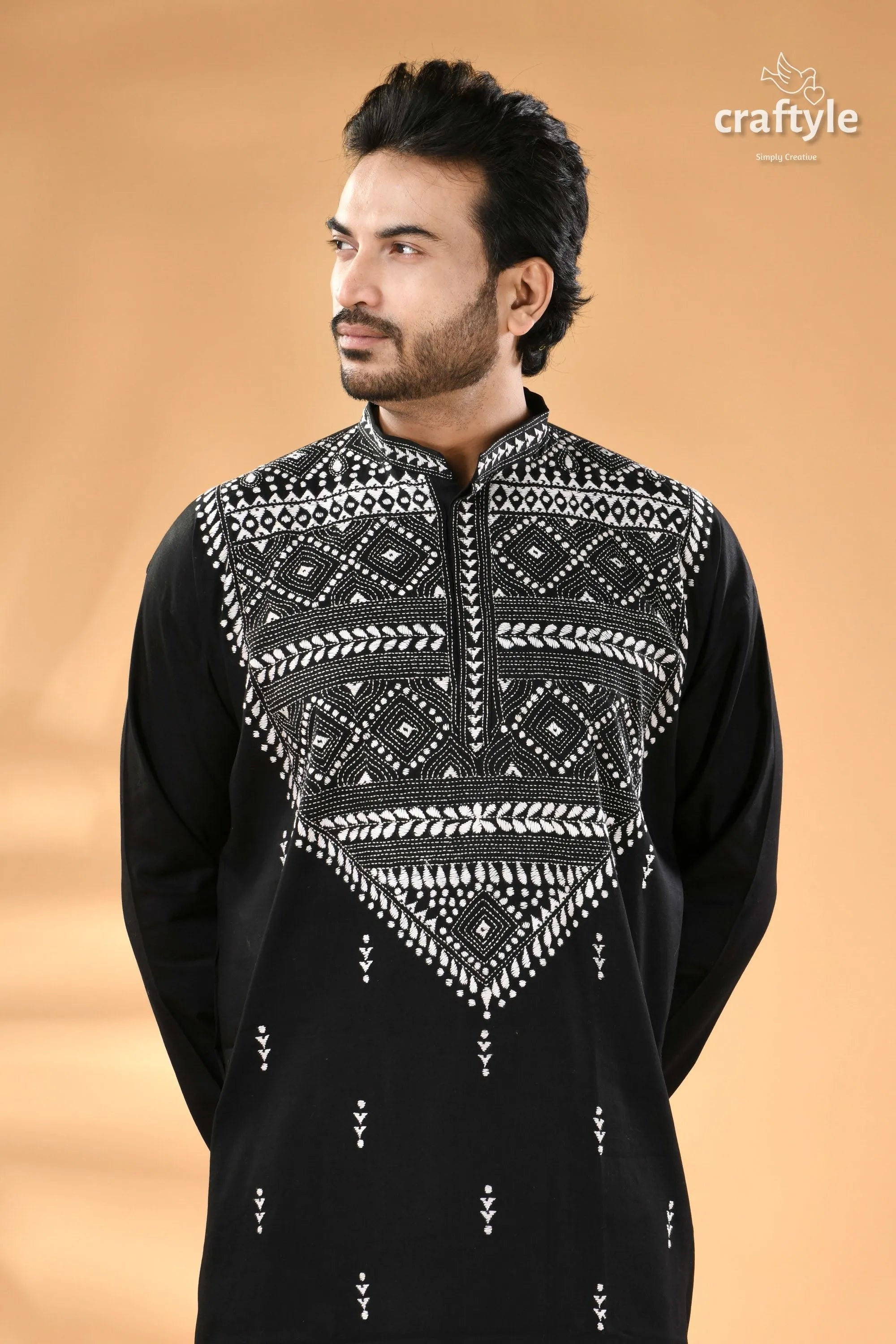 Metal black and white kantha work cotton ethnic punjabi for men men’s embroidered panjabi 2