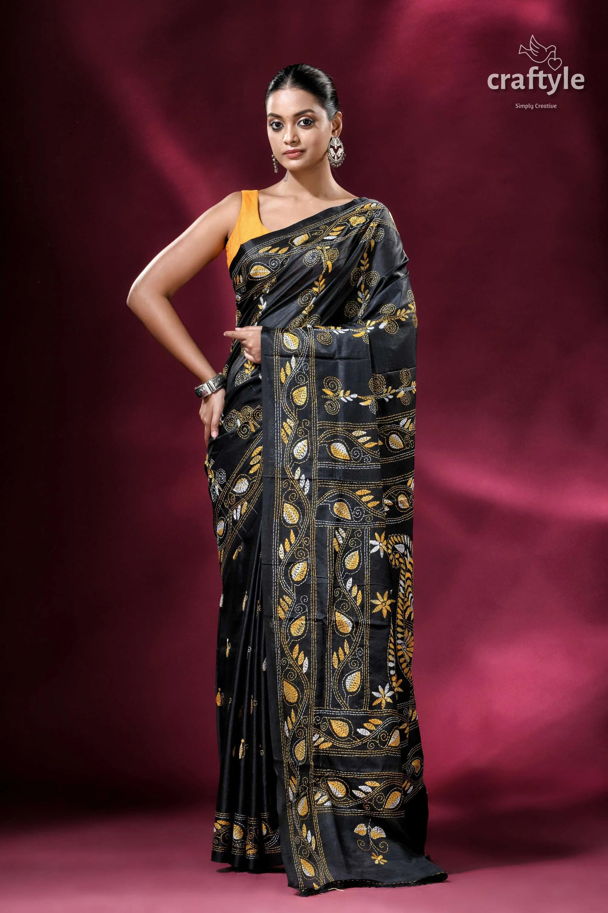 Metal black and yellow exquisite kantha stitch saree black saree embroidered floral patterns 1