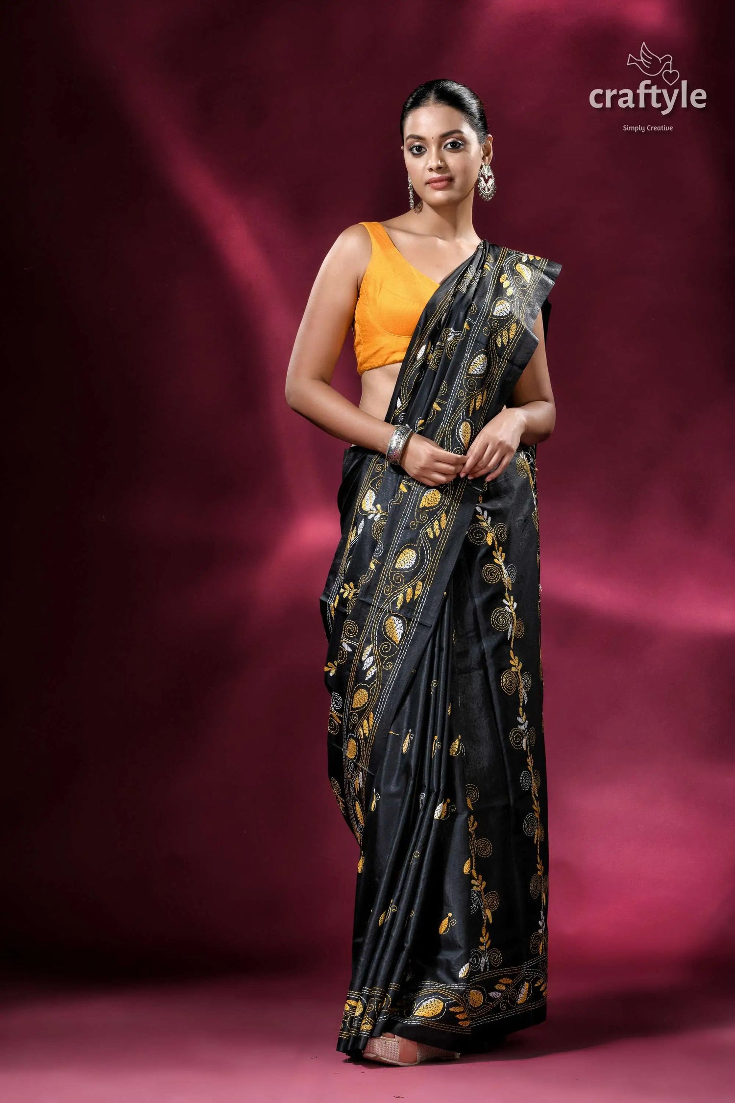 Metal black and yellow exquisite kantha stitch saree woman black embroidered saree 5