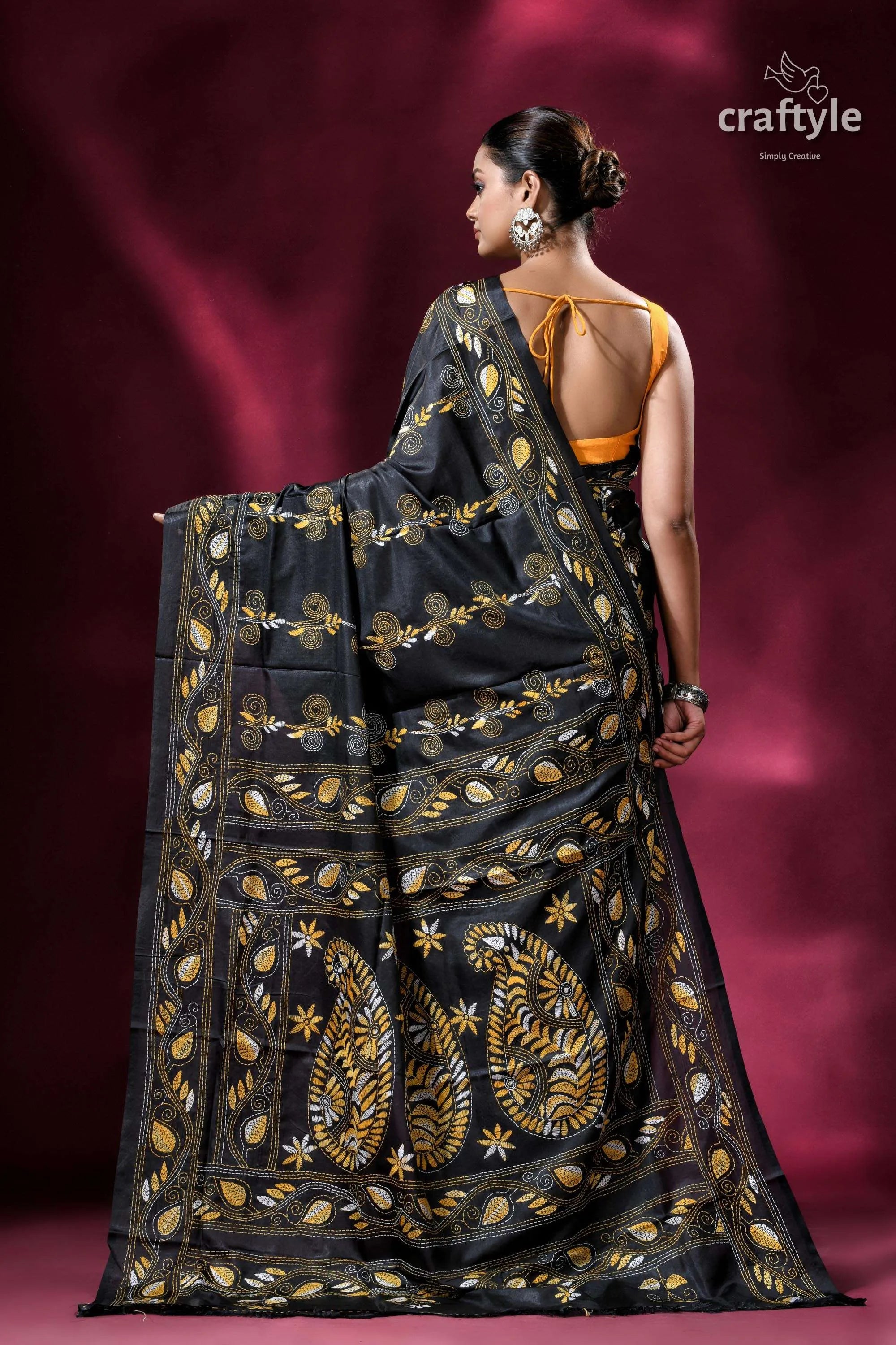 Metal black and yellow exquisite kantha stitch saree black saree yellow embroidery 4