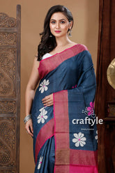 Metal black flower design hand block print zari pure tussar silk saree blue saree pink border white 2