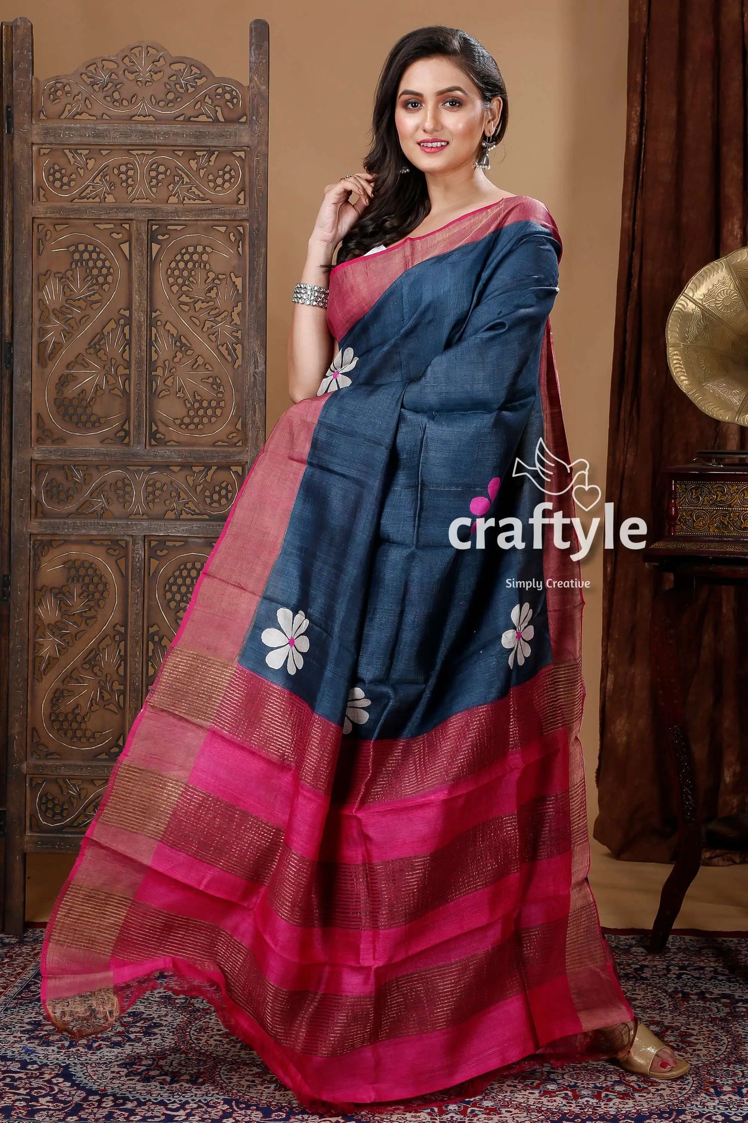 Metal black flower design hand block print zari pure tussar silk saree woman blue pink floral saree 4