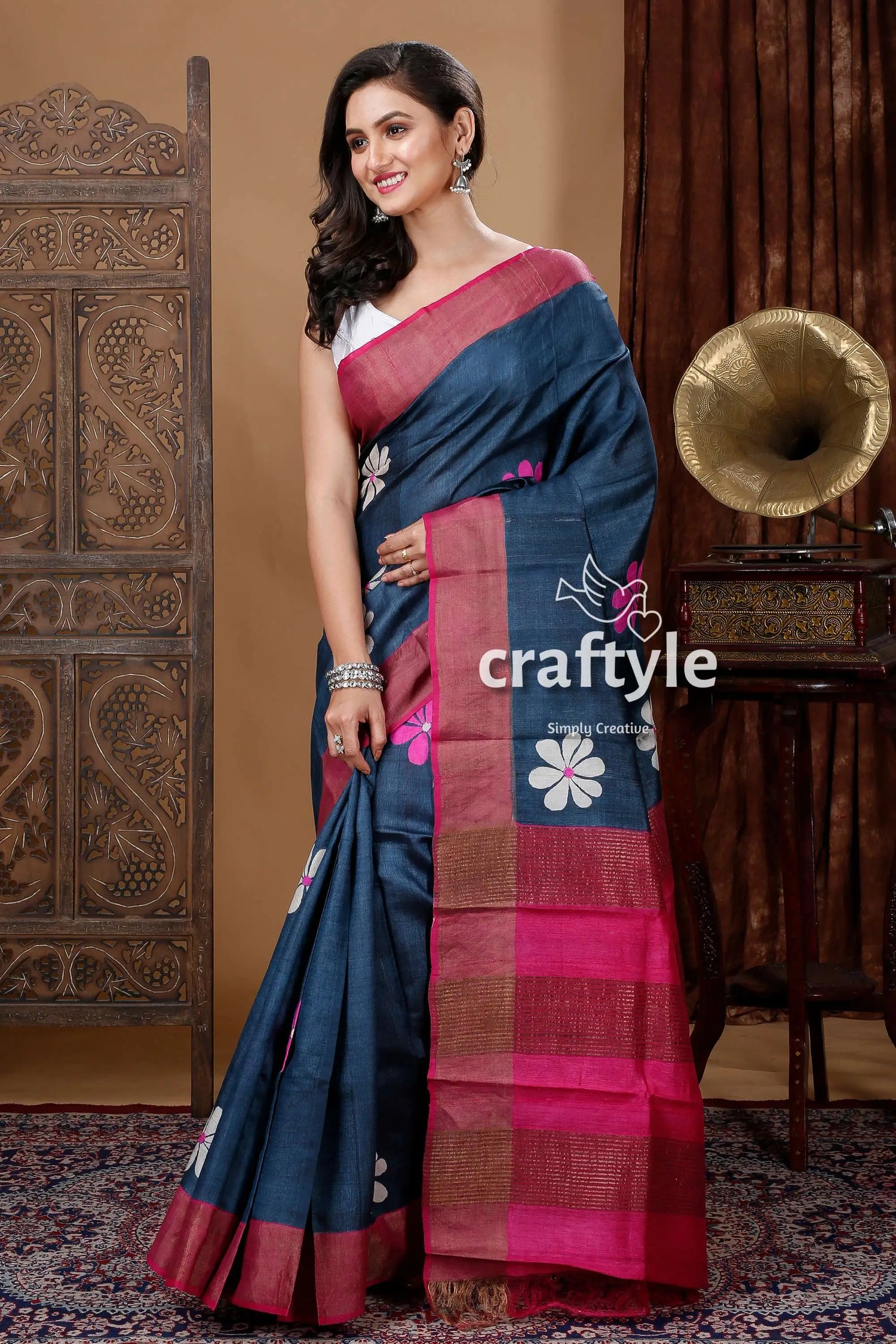 Metal black flower design hand block print zari pure tussar silk saree blue pink floral saree 3