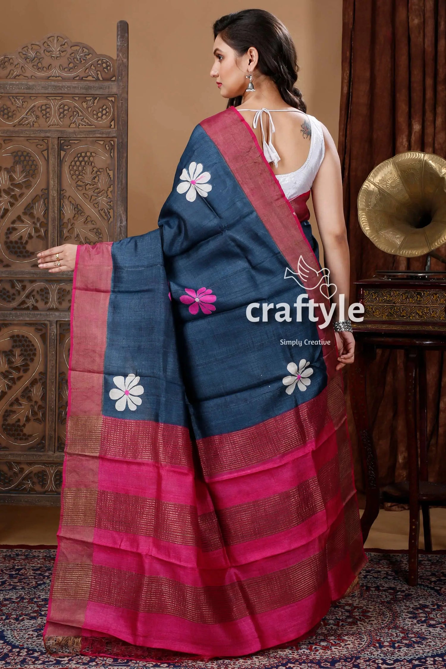 Metal black flower design hand block print zari pure tussar silk saree blue pink floral saree 5