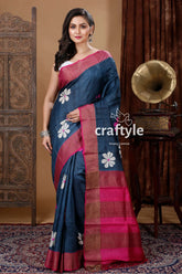 Metal black flower design hand block print zari pure tussar silk saree blue saree pink border white 1