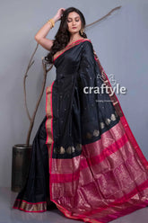 Metal black semi silk bomkai saree with blouse piece black saree pink border 3