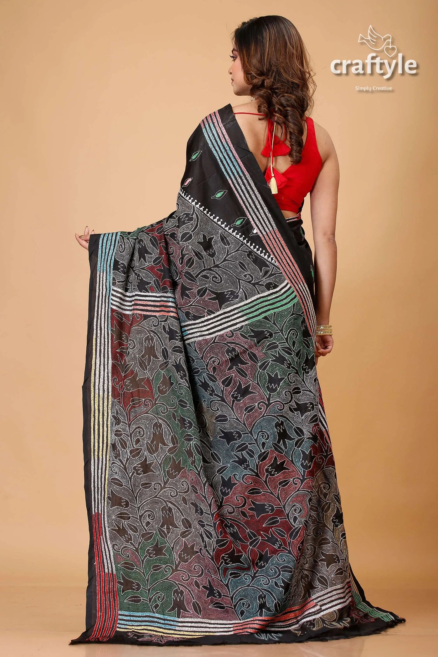 Metal black tulip motif kantha silk saree reverse stitch black saree colorful floral patterns 5