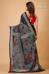 Metal black tulip motif kantha silk saree reverse stitch black saree colorful floral patterns 5
