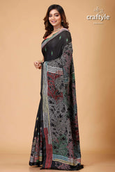 Metal black tulip motif kantha silk saree reverse stitch black saree colorful embroidery 3