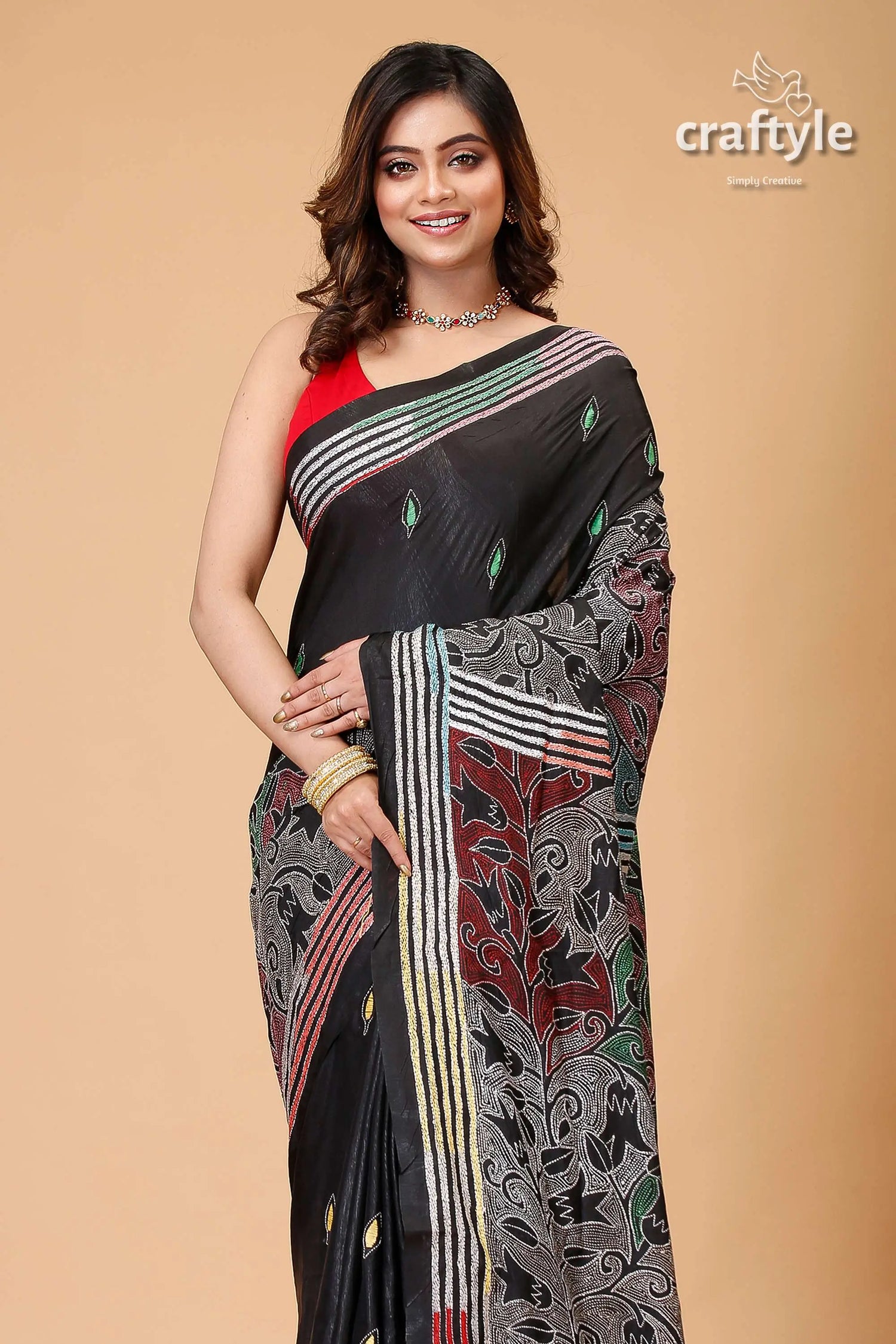 Metal black tulip motif kantha silk saree reverse stitch elegant black saree floral striped 2
